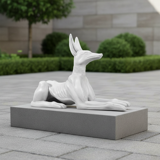 Anubis jackal statue in classical Egyptian style with ornate collar and stylized, elongated features in a reclining pose. Side Angle