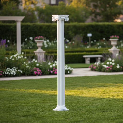 Classical Greek fluted column with ornate Corinthian capital and square base, featuring intricate old world European detailing. Side Angle