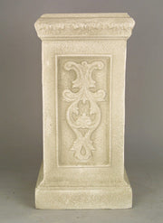 Ornate pedestal with classical old world European design, featuring intricate Baroque-style relief patterns and decorative edging. Other Angle