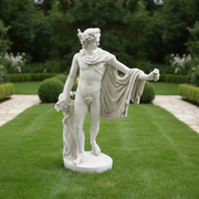 Classical Greek-style male statue with draped cloak, laurel wreath, and ornate detailing in a Renaissance-inspired pose. Side Angle