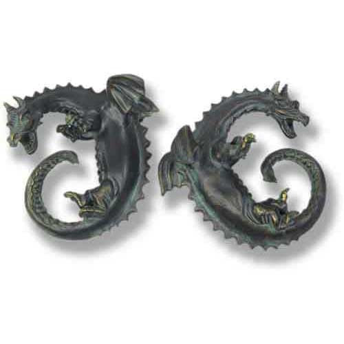 Pair of ornate, old world European dragon wall hooks with curled tails, detailed scales, and classical medieval styling.