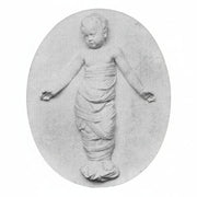 Classical bas-relief of a swaddled child with outstretched arms, featuring ornate old world European Renaissance style detailing. Side View