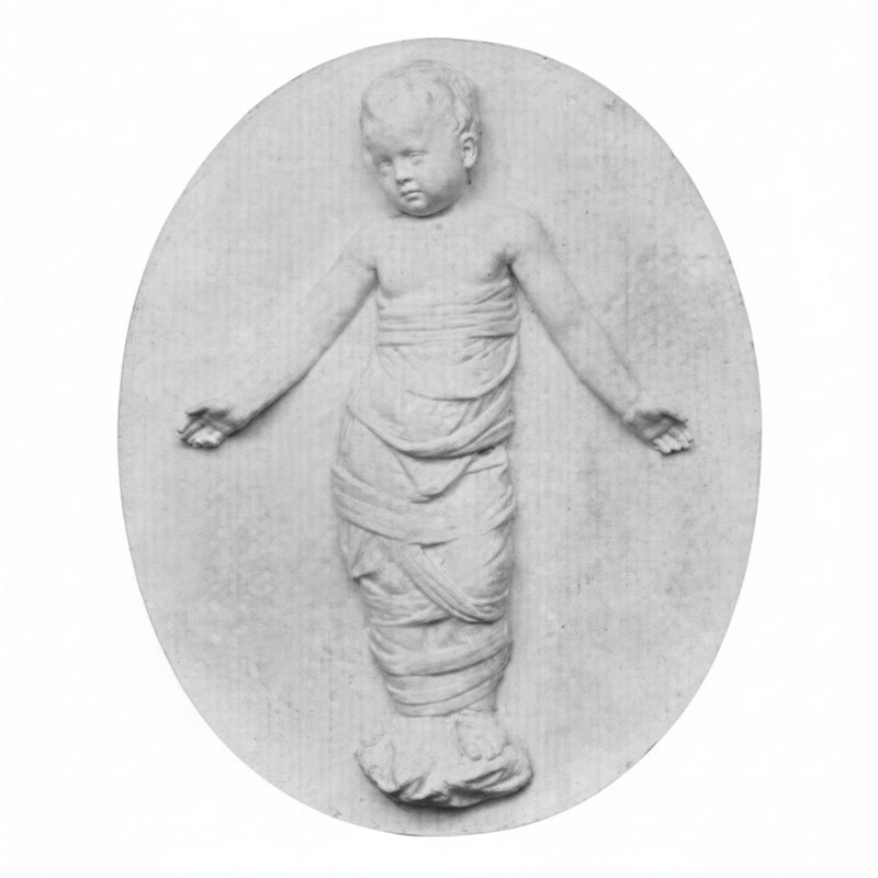 Classical bas-relief of a swaddled child with outstretched arms, featuring ornate old world European Renaissance style detailing. Side View