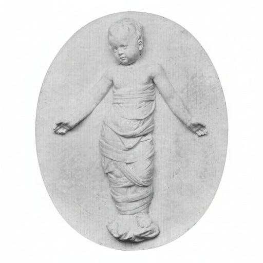 Classical bas-relief of a swaddled child with outstretched arms, featuring ornate old world European Renaissance style detailing. Side View