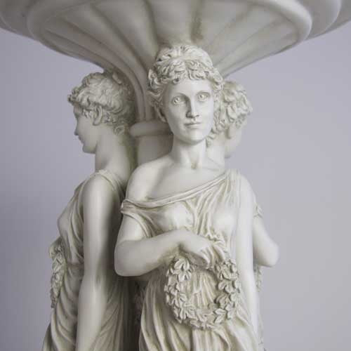 Classical pedestal table featuring three ornate, draped female figures in an old world European, Renaissance-inspired design. Different Angle