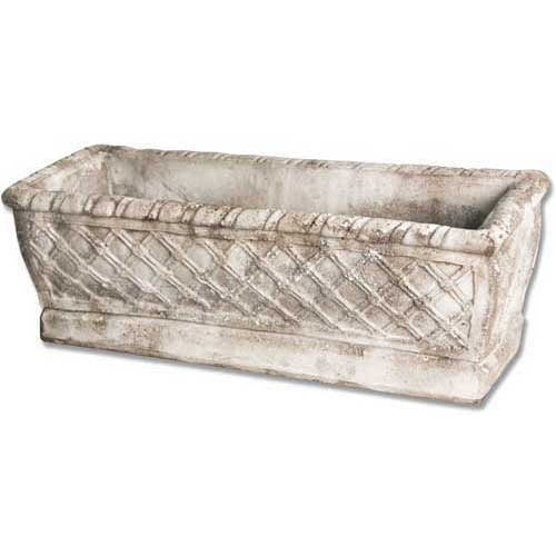Rectangular planter with ornate lattice relief, classical old world European style, featuring weathered, antique detailing.