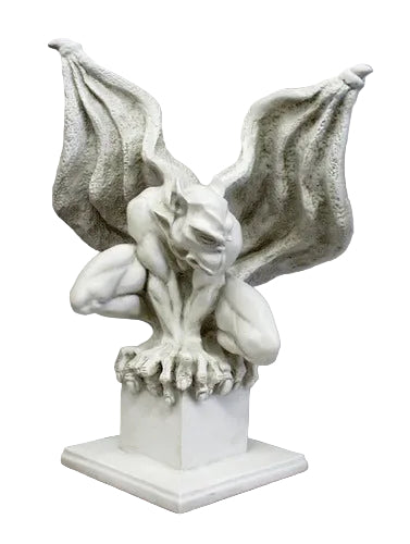 Gothic gargoyle statue with outstretched wings, crouching posture, and ornate, medieval-inspired detailing on a square pedestal. Side View