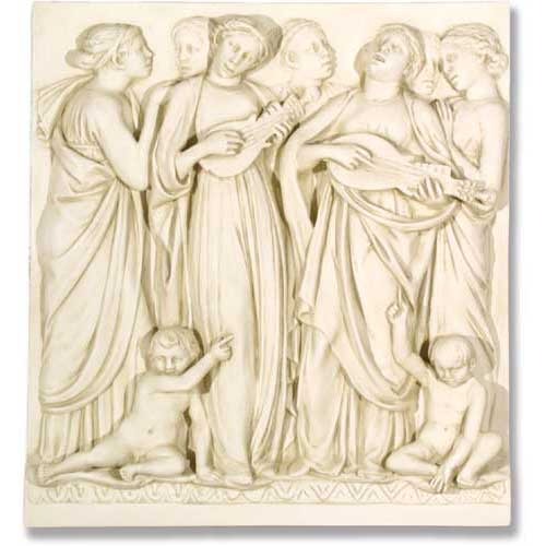 Bas-relief of classical figures in flowing robes playing lutes, surrounded by cherubs, in an ornate Renaissance style. Side View