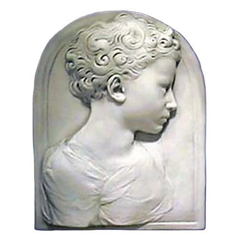 Classical Renaissance-style bas-relief of a young child in profile with ornate, curly hair and arched background panel.