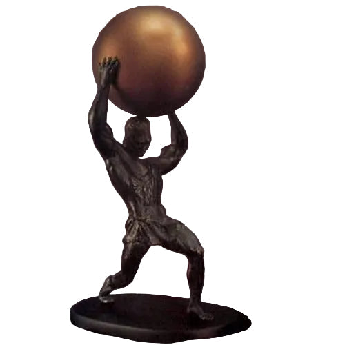 Atlas figure in classical Greek style, kneeling and holding a large sphere above his shoulders on an ornate pedestal base.