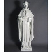 Saint statue in classical old world European style, featuring ornate robes and a rosary, standing in a reverent pose. Other Angle