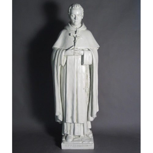 Saint statue in classical old world European style, featuring ornate robes and a rosary, standing in a reverent pose. Other Angle
