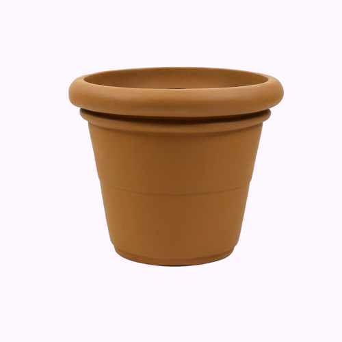 Classic old world European planter with rounded rim and subtle banded detailing, featuring white flowers for a timeless look. Side Angle