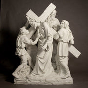 Jesus carrying the cross in an ornate, classical Baroque relief with detailed medieval figures and expressive, dramatic poses. Different Angle