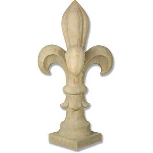 Fleur-de-lis finial with ornate, old world European design and classical, symmetrical Baroque detailing on a square base.