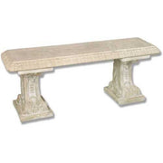 Ornate old world European bench with classical carved details and decorative pedestal legs in a Renaissance-inspired style.
