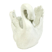 Swan planter with detailed feathers, sculpted in an old world European style with classical, ornate accents and graceful curves. Side View