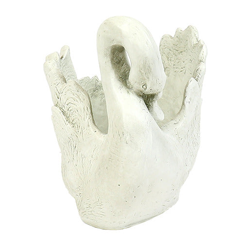 Swan planter with detailed feathers, sculpted in an old world European style with classical, ornate accents and graceful curves. Side View