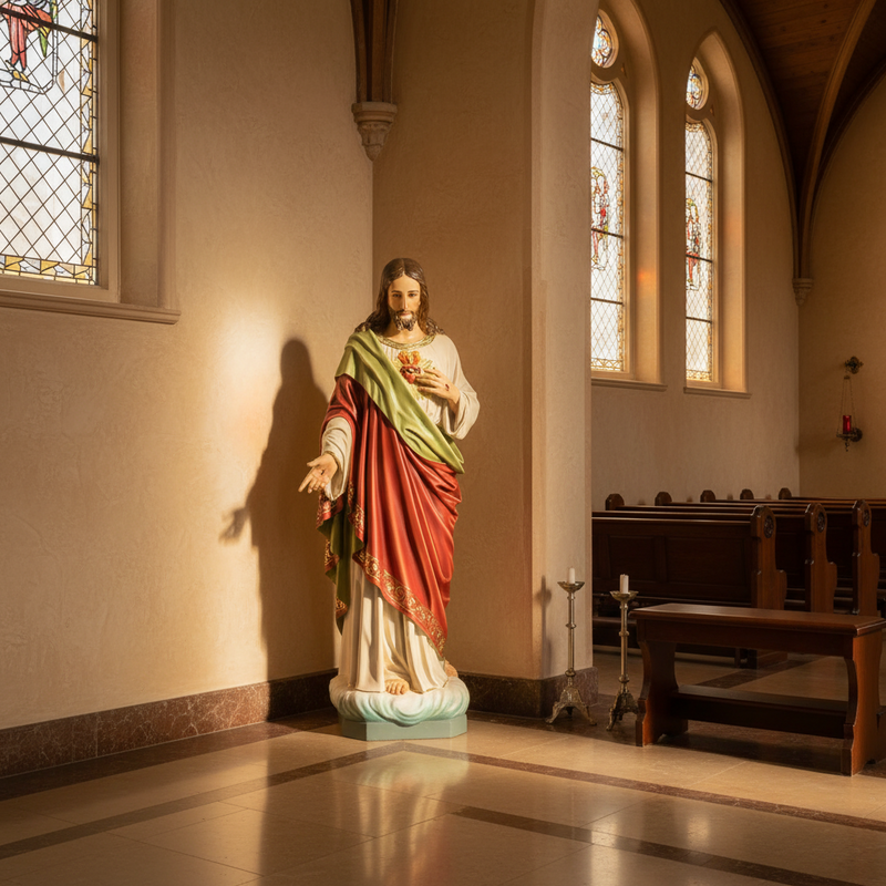 Sacred Heart of Jesus statue in classical Renaissance style, ornate robes, detailed facial features, standing on a cloud base. Side Angle