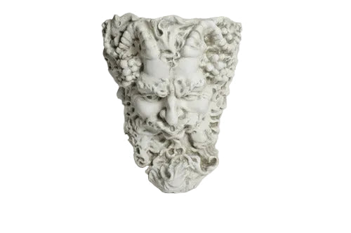 Grotesque old world European wall mask with ornate Baroque detailing, featuring a bearded face surrounded by grapevine motifs.