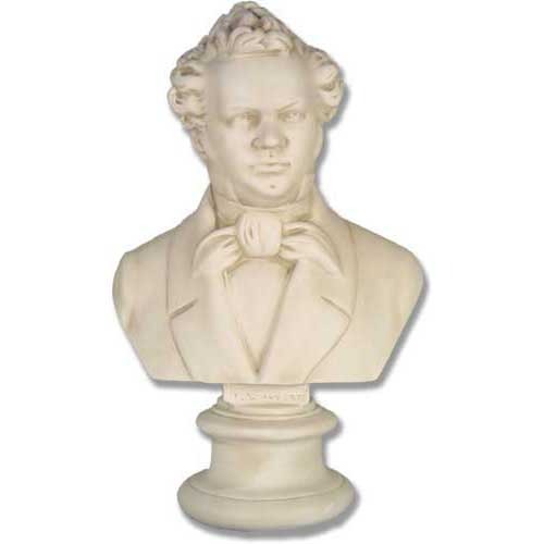 Classical European bust sculpture featuring a man with curled hair, formal attire, and ornate detailing on a pedestal base.