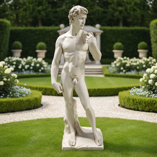 Classical Renaissance male statue with detailed anatomy, curly hair, and contrapposto stance on a rectangular base. Side Angle