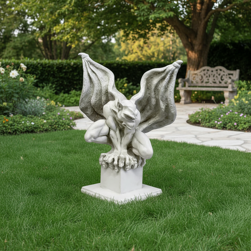 Gothic gargoyle statue with outstretched wings, crouching posture, and ornate, medieval-inspired detailing on a square pedestal. Side Angle