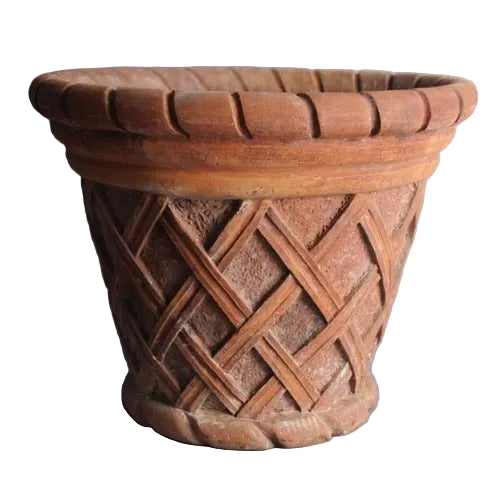 Ornate old world European planter with classical lattice pattern and braided rim, featuring a Renaissance-inspired decorative style.