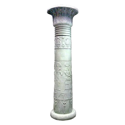Ornate classical column with carved Egyptian motifs, fluted shaft, and lotus capital in an old world architectural style.