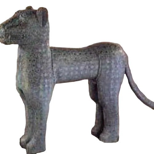 Leopard statue with stylized features, old world European design, ornate detailing, and classical sculptural form.