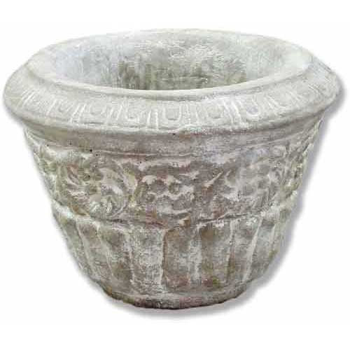 Ornate old world European planter with classical relief patterns and carved Baroque motifs around the rim and body.