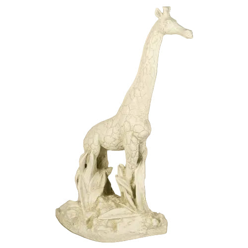 Giraffe statue with ornate detailing and classical old world European style, standing on a textured base with sculpted foliage.