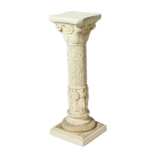 Classical Greek column pedestal with ornate carvings, fluted shaft, and decorative capital in old world European style.