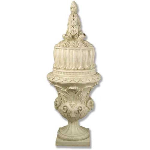 Ornate Baroque urn with classical acanthus leaf motifs, intricate relief details, and a tall, sculpted finial lid.