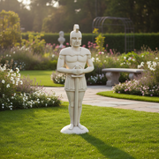Classical Greek warrior statue in ornate armor and helmet, standing upright with hands resting on a sword, old world European style. Side Angle