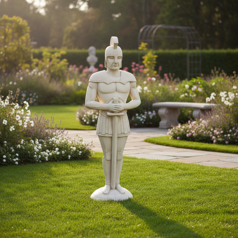 Classical Greek warrior statue in ornate armor and helmet, standing upright with hands resting on a sword, old world European style. Side Angle