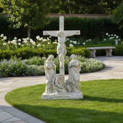 Crucifixion scene with Jesus on the cross, surrounded by mourners in ornate, classical old world European style. Side Angle