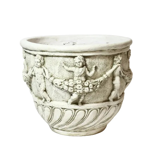 Ornate old world European planter with classical relief of dancing cherubs and garlands in a Baroque-inspired decorative style.