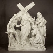 Jesus carrying a cross in a classical Baroque scene with three figures, featuring ornate, old world European detailing and dramatic poses. Different Angle