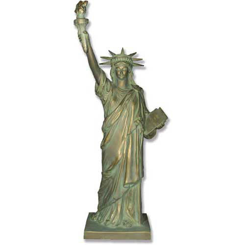 Statue of Liberty replica with classical draped robe, ornate crown, and raised torch in neoclassical architectural style. Side View