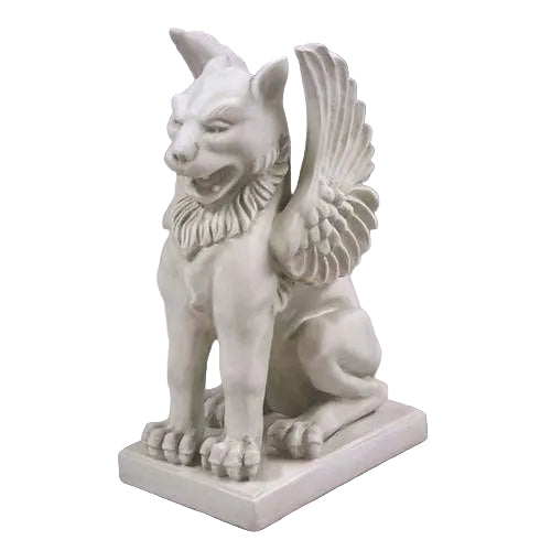 Winged griffin statue with ornate detailing, classical old world European style, seated on a rectangular base.