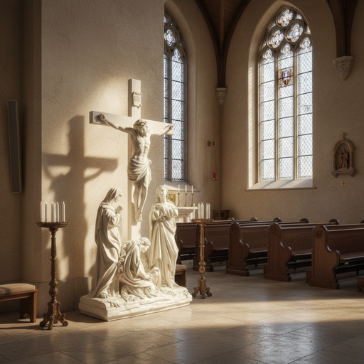 Crucifixion scene with Jesus on the cross, surrounded by mourners in ornate, classical old world European style. Side Angle