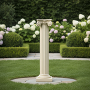 Classical Greek column pedestal with fluted shaft, ornate Ionic scroll capital, and square base in old world European style. Side Angle