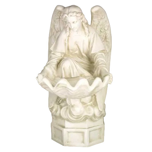 Angel statue with outstretched wings seated behind a scalloped basin, featuring ornate old world European and classical details. Side View