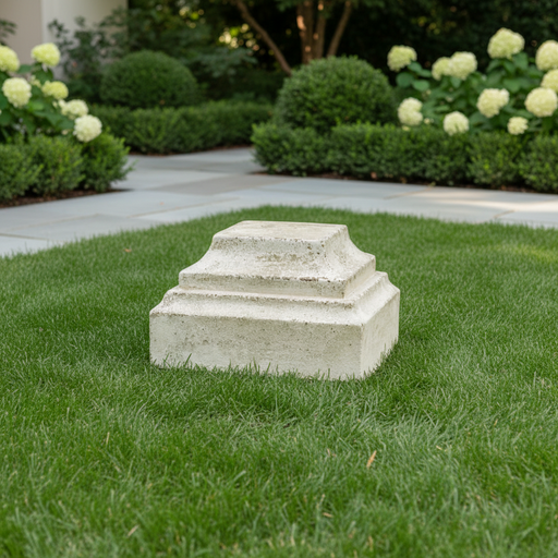 Classical pedestal base with stepped, tiered design and weathered old world European architectural style. Side Angle