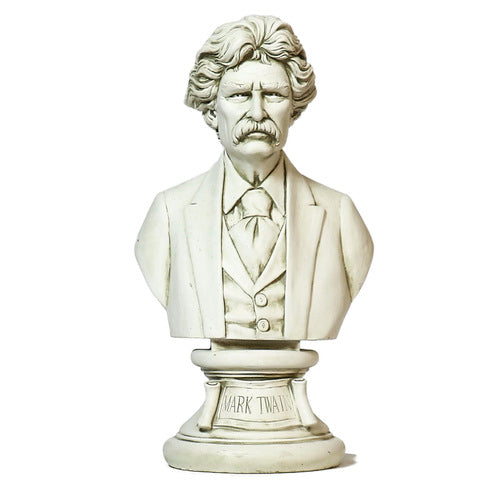 Classical bust of Mark Twain with ornate base, detailed facial features, and old world European sculptural style.