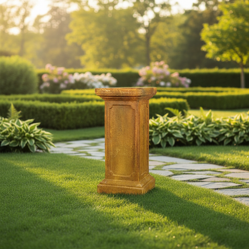Ornate old world European pedestal with classical rectangular shape, raised panel detailing, and a sturdy, architectural base. Side Angle