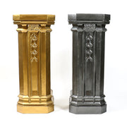 Ornate pedestal with classical old world European design, featuring geometric and floral motifs in a Baroque-inspired architectural style. Different Angle