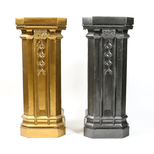 Ornate pedestal with classical old world European design, featuring geometric and floral motifs in a Baroque-inspired architectural style. Different Angle