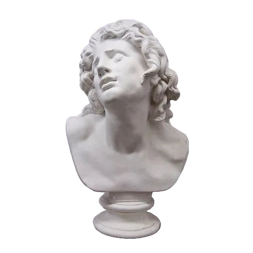 Classical Baroque bust sculpture with expressive, upward gaze and detailed curly hair on a pedestal, evoking old world European artistry.